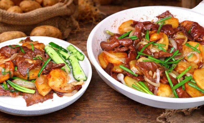 🥩 КАРТОШКА С МЯСОМ НА СКОВОРОДЕ по китайски за 20 минут + салат Быстрый обед, ужин Мясо в маринаде